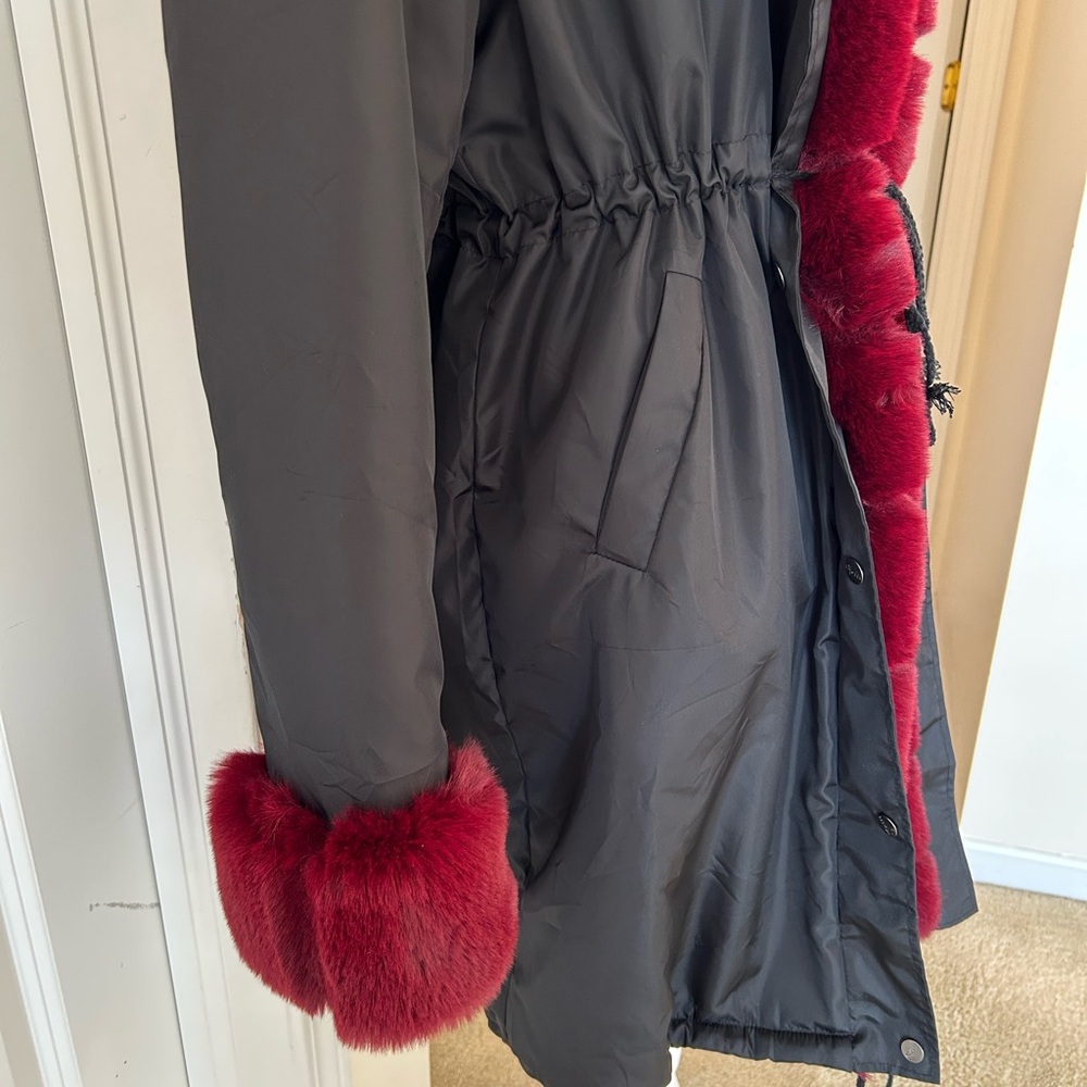 Women's Black and Red Fur-Trimmed Coat